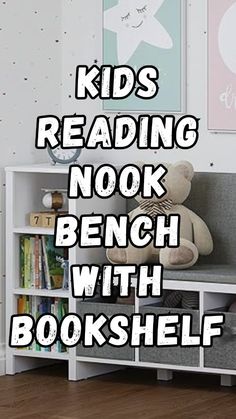 there is a book shelf with bookshelves and a teddy bear sitting on it