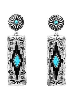 Get ready to make a statement with our Metal Concho & Rectangle Aztec earrings! These stunning drop earrings feature a bold design with a vibrant turquoise stone at the post. Measuring 2.5" in length, they are the perfect size to showcase your unique style. Plus, they are lead and nickel compliant for worry-free wear. Elevate any outfit with these eye-catching earrings! *Colors may vary slightly due to lighting and/or monitor resolution.* Aztec Earrings, Rectangle Earrings, Silver Art, Bold Design, Turquoise Stone, Unique Style, Resolution, Turquoise, Drop Earrings