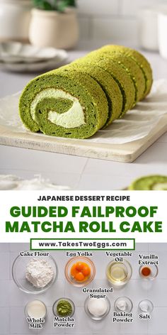 the recipe for this japanese dessert is made with matcha roll cake and rolled up in half