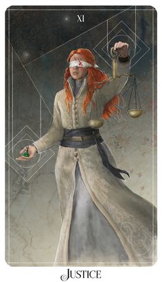 an orange haired woman holding a balance scale