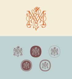 the monogram logo is shown in three different colors, including orange and blue with an ornate