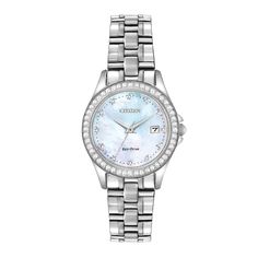 Stay stylish from day to night with classic styling and a touch of sparkling crystals with this luxurious Citizen Silhouette Crystal collection Boxed Set. Featured in a 28mm stainless steel case with a mother-of-pearl dial, the watch has a date window and second-hand. The water-resistant watch is topped with mineral crystal to protect its movement. A coordinating bangle bracelet, also adorned with crystals, is included in the boxed set. Featuring Eco-Drive technology - powered by light, any ligh Elegant Diamond Watch With Metal Dial, Formal Diamond White Watch With Metal Dial, Classic Diamond White Watch With Metal Dial, Modern Formal Watches In Diamond White, Modern Formal Watches With Diamond Accents, Elegant Diamond Watch With Polished Finish And Round Dial, Elegant Diamond Watch With Polished Finish, Elegant Wedding Watch With Metal Dial, Elegant Polished Finish Watches