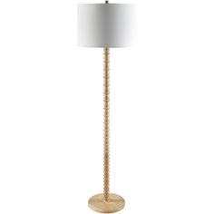 a floor lamp with a white shade on it's side and a wooden base