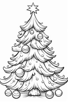 a christmas tree with balls and stars on it, drawn by hand in black and white