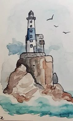 a painting of a lighthouse on top of a rock