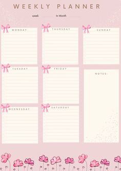 the weekly planner with pink flowers and hearts on it, is shown in this image