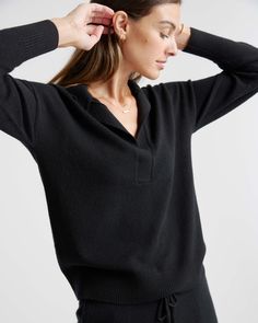 Our best-selling cashmere in another timeless style: the polo sweater. Made of 100% Mongolian cashmere (of course), in a relaxed fit, with an open polo collar for a casual-luxe look. Also offered in sizes 1X - 3X.  | Quince | Women's Mongolian Cashmere Polo Sweater in Black, Size XS Cashmere Polo Sweater, Cashmere Polo, Casual Luxe, Johnny Collar, Over 60 Fashion, 60 Fashion, Polo Sweater, Polo Collar, Natural Fabrics