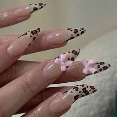 Leopard Pink Ribbon Nails | Spooky Seasons Nails | Party Accessories Cheetah Print French Tip Nails Almond, Cheetah Nail Art, Pink Ribbon Nails, Leopard Nail Designs, Bow Nail Designs, 20th Bday, Cheetah Nail Designs, Cheetah Print Nails, Sunflower Nails