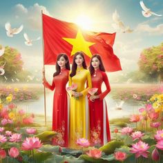 two women standing in front of a flag with birds flying over them and lotuses