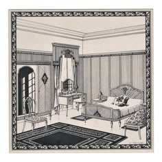 an old drawing of a bedroom with furniture