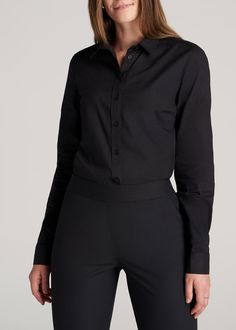 American-Tall-Women-Button-Up-Dress-Shirt-Black-front All Black Server Outfit, Black Button Up Shirt Outfit Women, Black Button Up Shirt Women, Black Dress Shirt Women, Dress Shirt Outfit, Black Shirt Women, Dress Shirt Women, Concert Black, Police Outfit