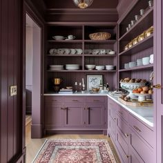 a kitchen with purple cabinets and rug in the middle, along with an area rug on the floor