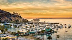 a harbor filled with lots of boats next to a mountain covered in palm trees at sunset