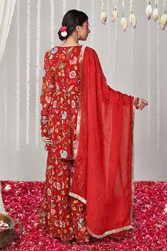 Red kurta with floral print and sequin embroidery details. Paired with a printed sharara and dupatta. - Aza Fashions Red Sharara With Floral Embroidery For Navratri, Bollywood Red Sharara With Floral Embroidery, Red Floral Embroidery Sharara For Navratri, Semi-stitched Red Sharara With Floral Embroidery, Red Semi-stitched Sharara With Floral Embroidery, Red Floral Embroidered Semi-stitched Sharara, Traditional Red Sharara With Floral Embroidery, Red Floral Embroidered Anarkali Set For Eid, Red Floral Embroidered Anarkali For Eid