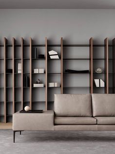 a couch sitting in front of a bookshelf filled with lots of book shelves