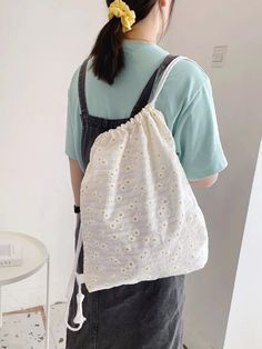 Olivia Mark - Large Capacity Floral Pattern Drawstring Backpack  - Women Backpacks Casual Large Capacity Backpack For Spring, Casual School Backpack With Drawstring, Casual Large Capacity Backpack For Summer, Casual Large Capacity Summer Backpack, Large Capacity Backpack For School In Summer, Large Capacity School Backpack For Summer, Spring Casual Student Backpack, White School Backpack For Spring, Casual Student Backpack For Spring