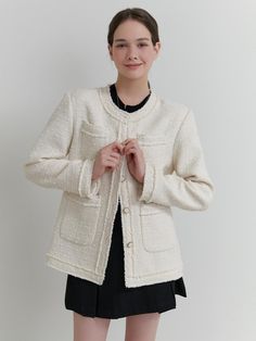 This is a modern and trendy wool jacket by RE_L that is made out of high quality and sturdy material. With distinctive mood of the design and comfortable wear, you can style it for your feminine and stylish daily outfit.- No collar round neckline- Relaxed silhouette and half length- Wool blend tweed fabric with warm mood Tweed Fabric, Wool Jacket, Daily Outfits, Round Neckline, Wool Blend, Jackets & Coats, Blazer, Wool, Collar