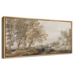 a painting hanging on the wall above a wooden frame with an image of trees and water