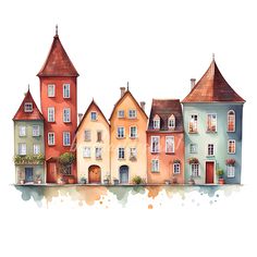 watercolor painting of houses in different colors