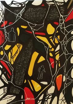 an abstract painting with black, yellow and red colors