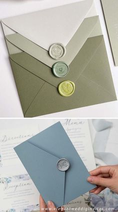 two pictures of different colored envelopes with buttons on them