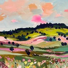 an oil painting of flowers and hills in the distance with pink clouds over them,