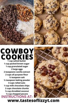 cowboy cookies recipe with chocolate chips and oatmeal in the middle, on a cooling rack