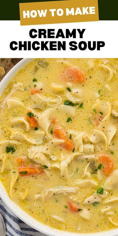 a white bowl filled with creamy chicken soup on top of a blue and white striped napkin