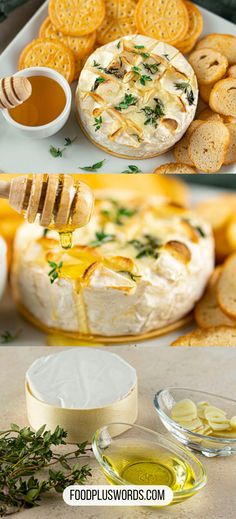 cheese and crackers are being served with honey