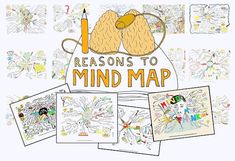 there are many drawings on the wall with words that say, reason to mind map