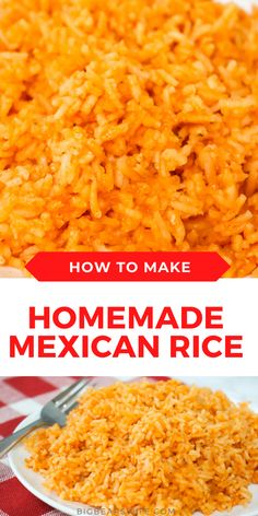 how to make homemade mexican rice on a white plate with red and white checkered tablecloth