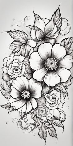 a black and white drawing of flowers with leaves on the bottom half of the image