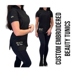 Custom embroidered tunics, perfect for your business to set you apart and stand out, beauty salon, nail tech, lash tech, dermatologist, spa, dentist, therapist, aesthetics uniform, salon wear tunic.  Embroidered with your business name im the highest quality thread in your choice of font and thread colour. Embroidered on the bottom right corner as shown on main example, or right breast. You can also add sleeve initials (upto 3 characters) for an extra personalised touch.  ** this is for your bus Beauty Therapist Apron, Salon Name Shirts, Beauty Therapist Uniform, Beautician Uniform, Beauty Salon Uniform Ideas, Spa Therapist, Salon Uniform, Beauty Uniforms, Spa Uniform