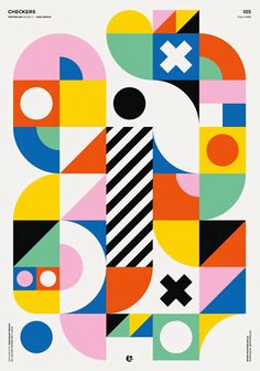 an abstract poster with geometric shapes and lines on it's sides, including the letter d