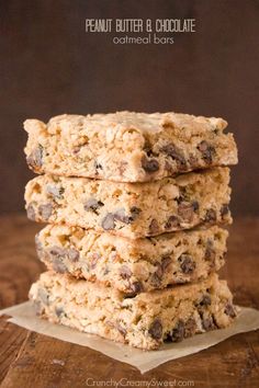 peanut butter and chocolate oatmeal bars stacked up on top of each other