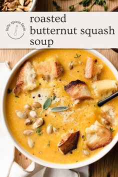 roasted butternut squash soup in a white bowl with toasted bread on the side