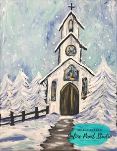 a painting of a church in the snow