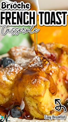 the french toast casserole is being drizzled with syrup