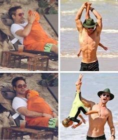 four pictures of the same man in different poses on the beach, one with his shirt off