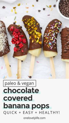 chocolate dipped banana pops with sprinkles on them