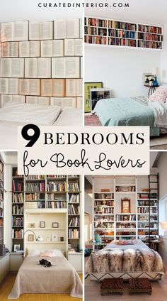 there are many bookshelves in this room and the bed is full of books