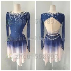 two pictures of a blue and white dress with pearls on the bottom, one is wearing a