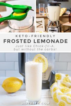 the ingredients for keto - friendly frosted lemonade are shown in this collage