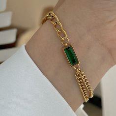 Shape: Rectangle Material: Metal - Stainless Steel Item Type: Bracelet Trendy Rectangular Bracelet With Strap, Emerald Crystal, Crystal Chain, Green Crystals, Chain Bracelet, Gold Bracelet, Emerald, Bracelet, Stainless Steel