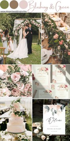 a collage of wedding photos with flowers and greenery on the top, in different colors