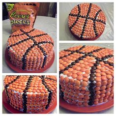 there is a cake made to look like a basketball ball with chocolate chips on it