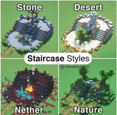 four different types of minecraft structures with text that reads stone desert, staircase styles, nether nature