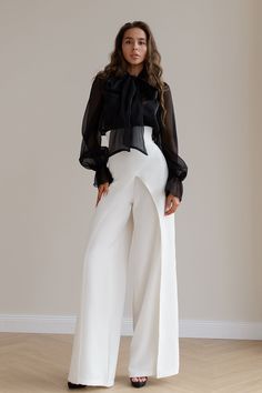 Fabric: crepe Cotton 65%, Polyester 35% High rise Zipper lock at the back Palazzo style pants Black And White Gala Outfit, Structured Pants, Petal Pants, High Waist Palazzo Pants, Palazzo Pants Outfit, Trendy Date Night Outfit, Black Lace Shirt, Palazzo Style, Zipper Lock