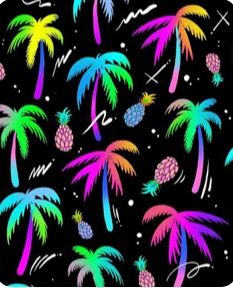 colorful palm trees and pineapples on a black background