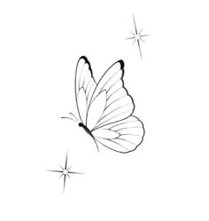 a black and white drawing of a butterfly flying in the sky with stars around it